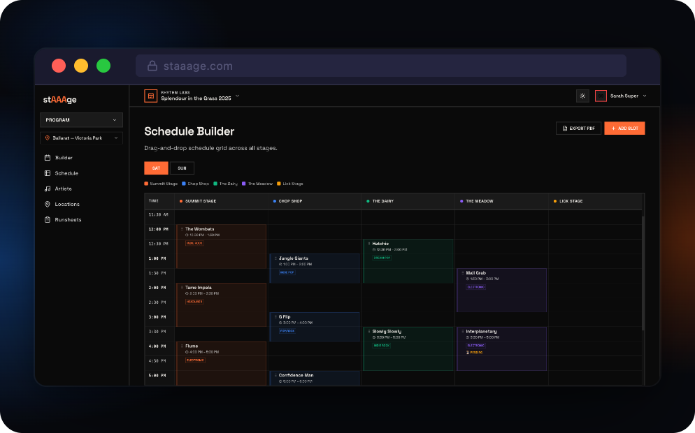 stAAAge Schedule Builder — Multi-stage timeline with drag-and-drop scheduling